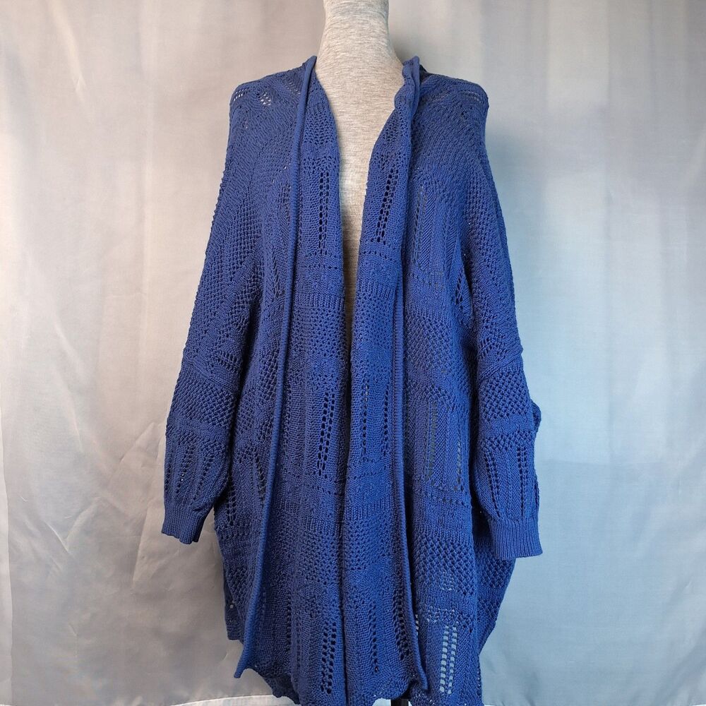 Jessica Simpson Kimono Cardigan Sweater Duster Cobalt Crochet Open Front L-XL